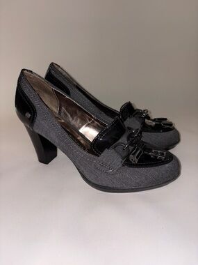 Dana Buchman "Caylee" Gray Herringbone & Black Patent Tassel Pumps Size 8
